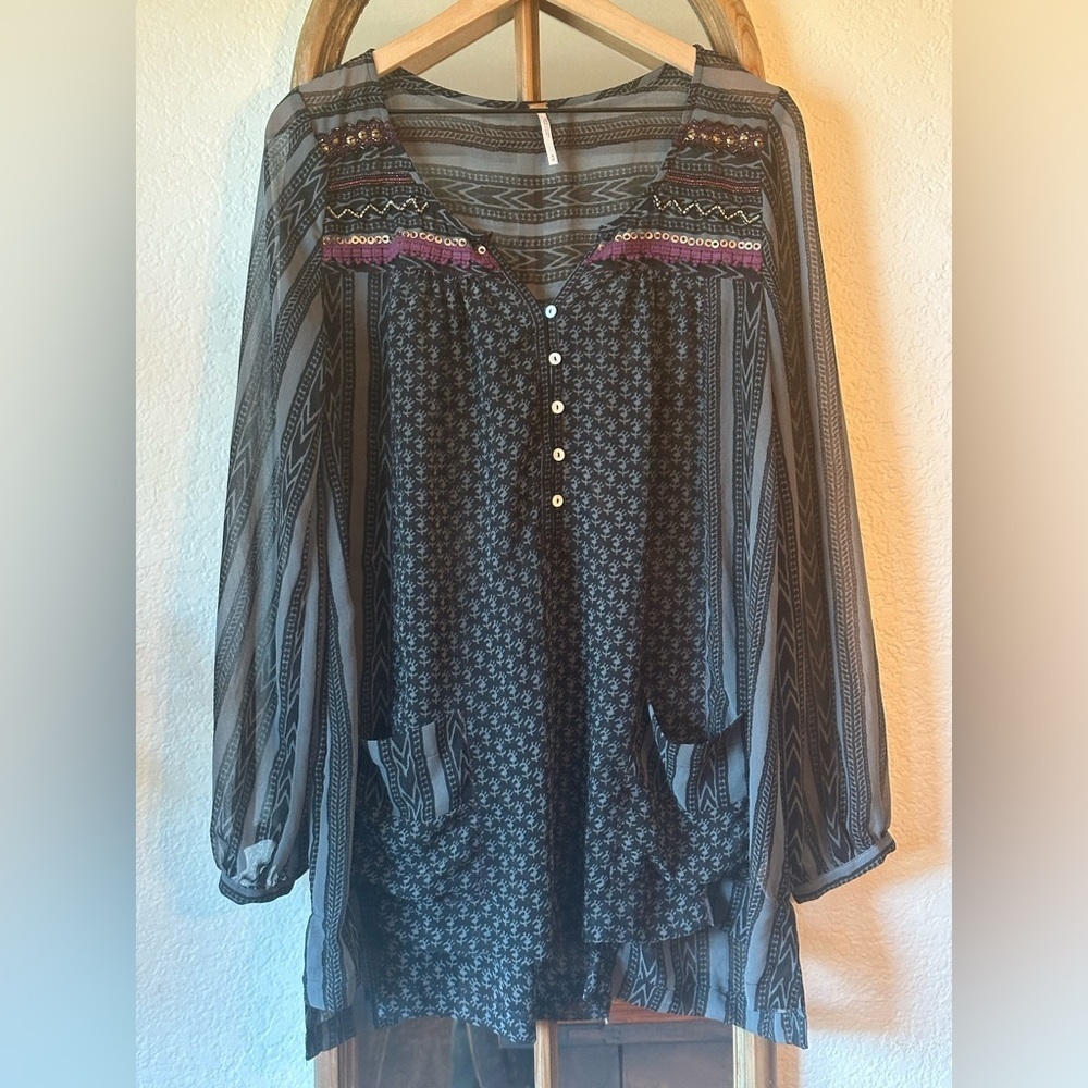 Free People Boho Tunic Top Medium Sheer Long Sleeve Print Blouse - Picture 3 of 10